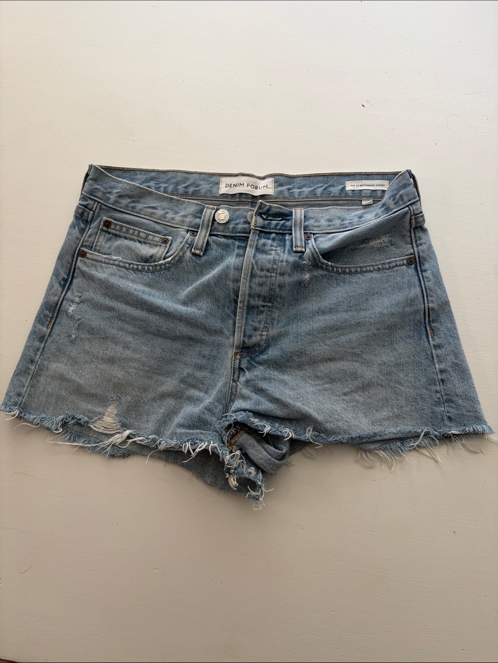 Denim Forum Light Wash Distressed Frayed Hem Jean Shorts